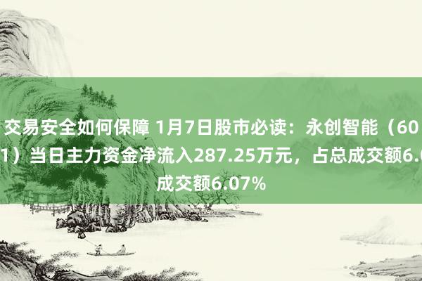 交易安全如何保障 1月7日股市必读：永创智能（603901）当日主力资金净流入287.25万元，占总成交额6.07%