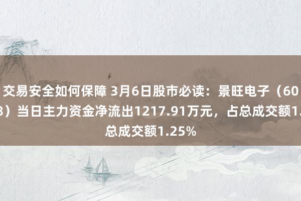 交易安全如何保障 3月6日股市必读：景旺电子（603228）当日主力资金净流出1217.91万元，占总成交额1.25%